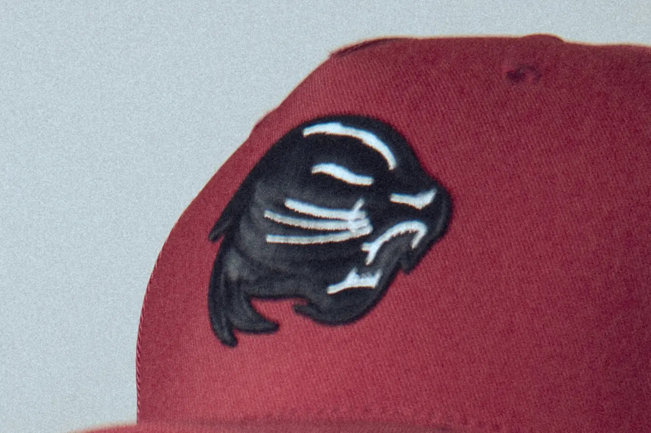 Close view of an embroidered leopard patch on a burgundy cap.